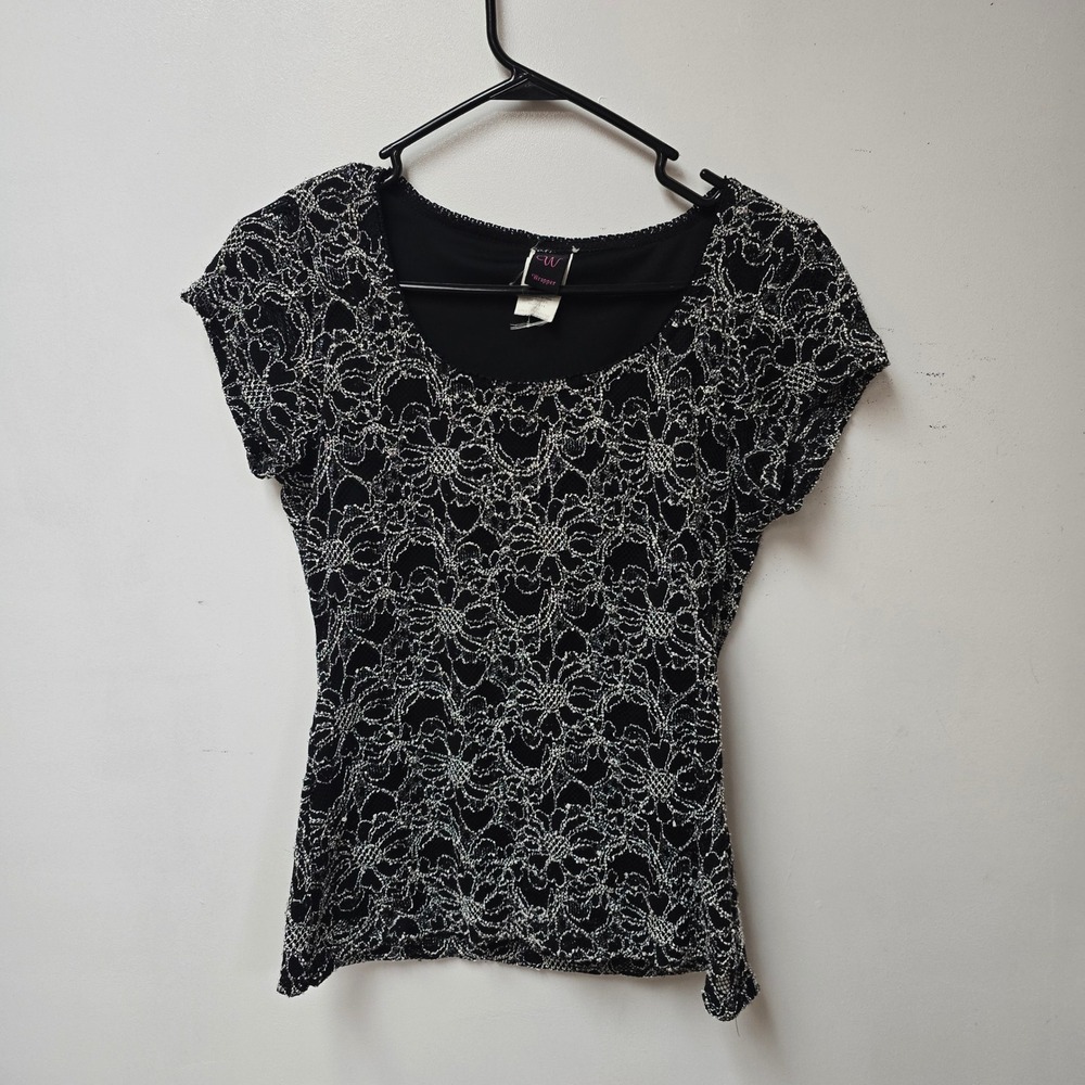 Wrapper Womens Black Silver Metallic Floral Lace Scoop Neck Top Y2K Whimsigoth L